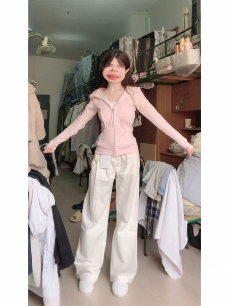 Pink Zip-Up Short Sweatshirt Jacket for Women, Spring and Autumn Petite Slim-Fit Sports Hooded Cardigan, Commuter Style