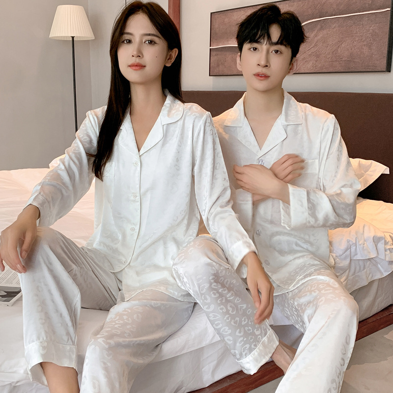 Satin Leopard-print Couple Pajamas Women's Spring and Autumn Ice Silk Long Short-sleeved High-end Silk Men's Plus Size Home Clothes
