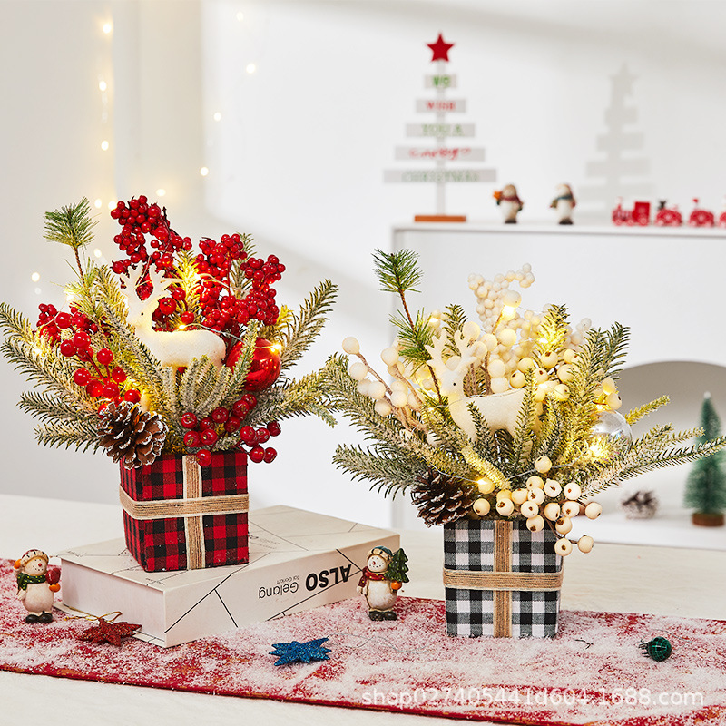 Small Christmas Tree Ornaments with Lights and Boxes, Bonsai Decoration, Christmas Gifts, Decoration for Hotels and Merchants
