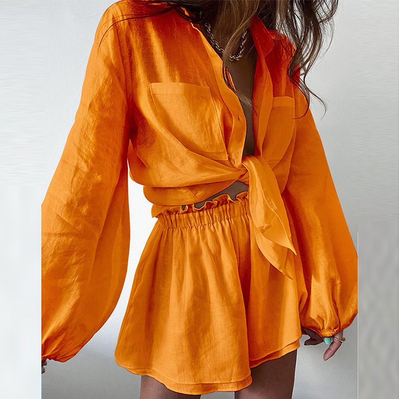 Spot summer Amazon Europe and the United States cross-border new women's casual fashion solid color ruffled shorts long sleeve suit