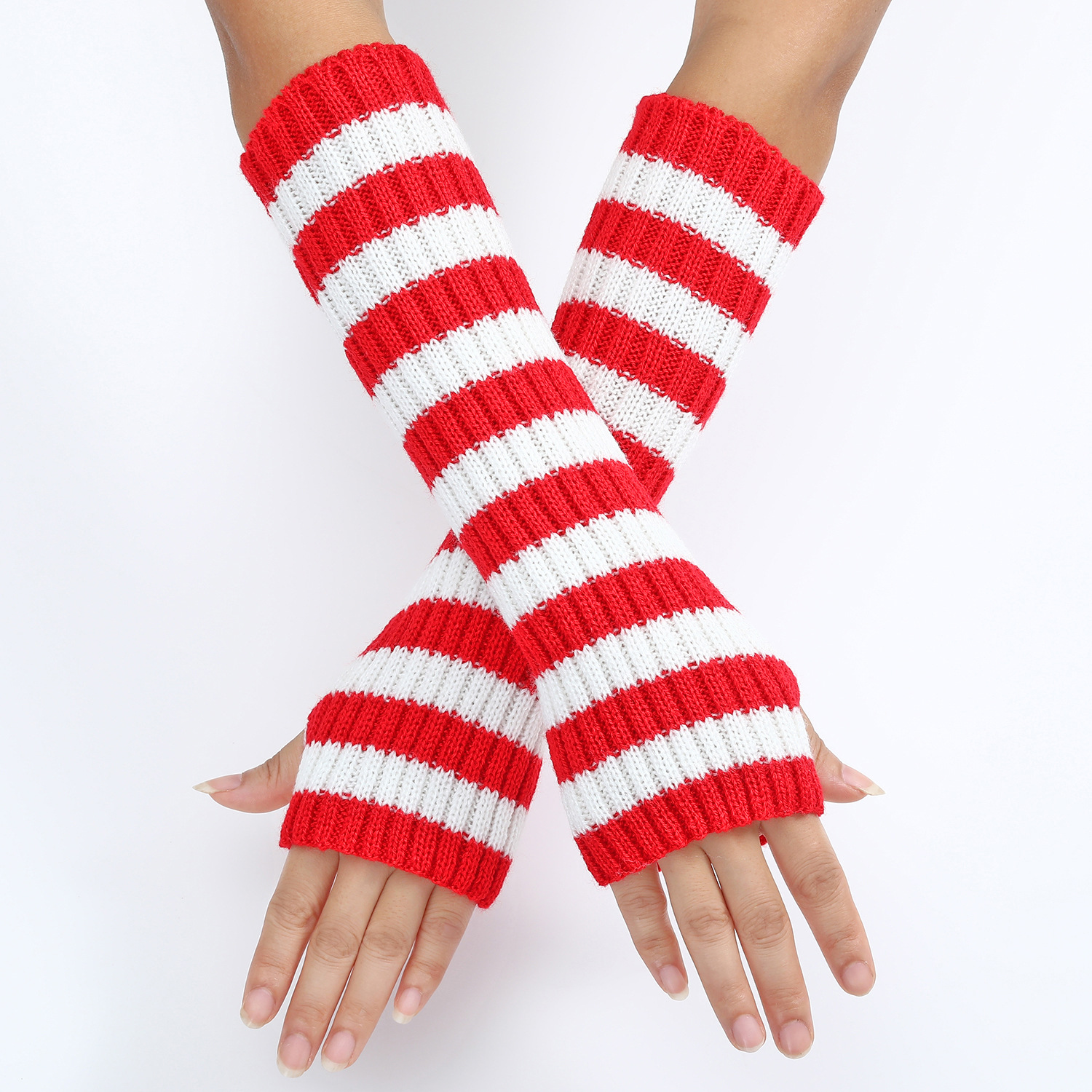 30 Long Color-matching Striped Wool Gloves Autumn and Winter New Mid-length Finger-exposed Women's Warm Fashion Knitted Arm Sleeve