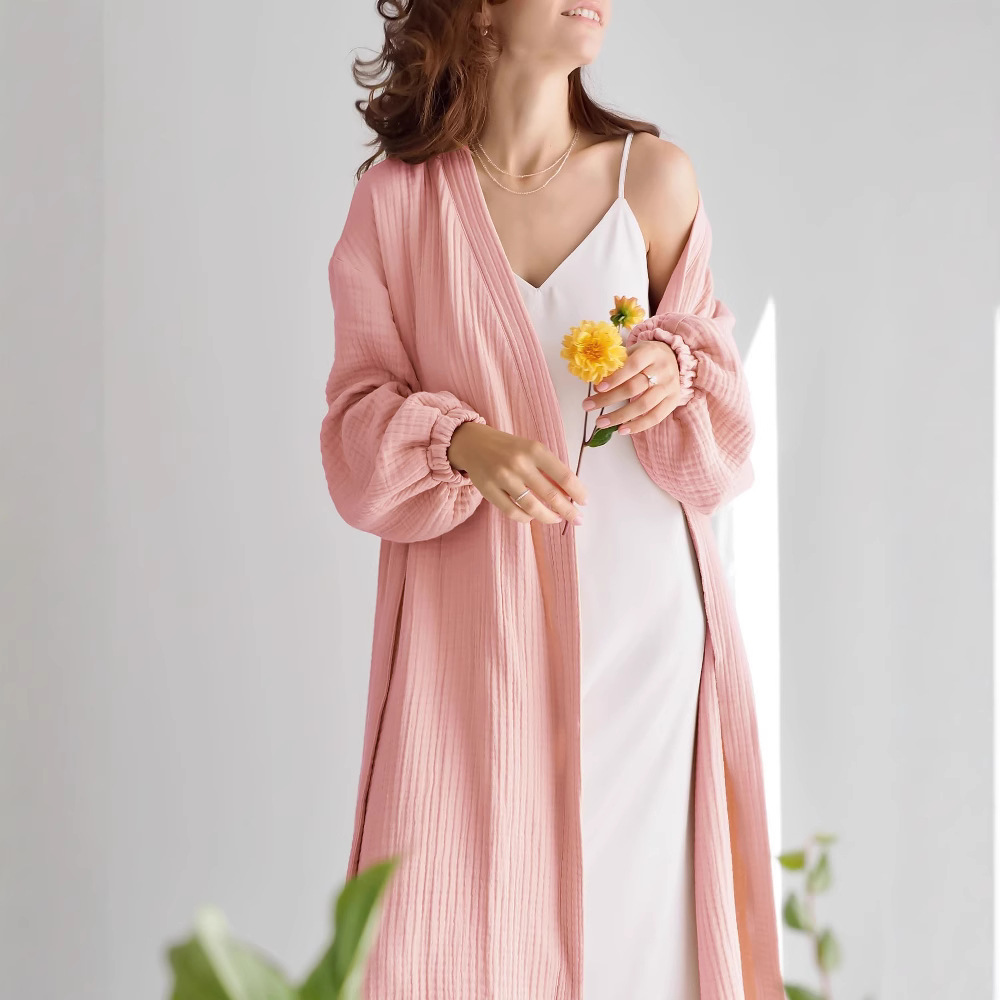 Autumn New Product 2025 Pure Cotton Double-Layer Yarn Comfortable and Skin-Friendly Long Bathrobe Pajamas Cross-Border Wholesale Women's Home Clothes