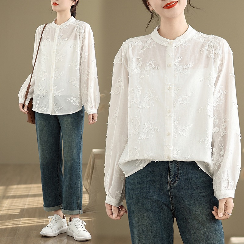 Spring New Real Shot Three-dimensional Flower Embroidered Cotton White Shirt Women's Loose Sweet All-match Round Neck Long Sleeve Shirt
