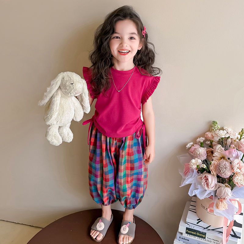 Girls' Summer Lace Sleeveless Vest Color-matching suit Children's Summer New Arrival Floral Artdress Trendy Two-piece Set