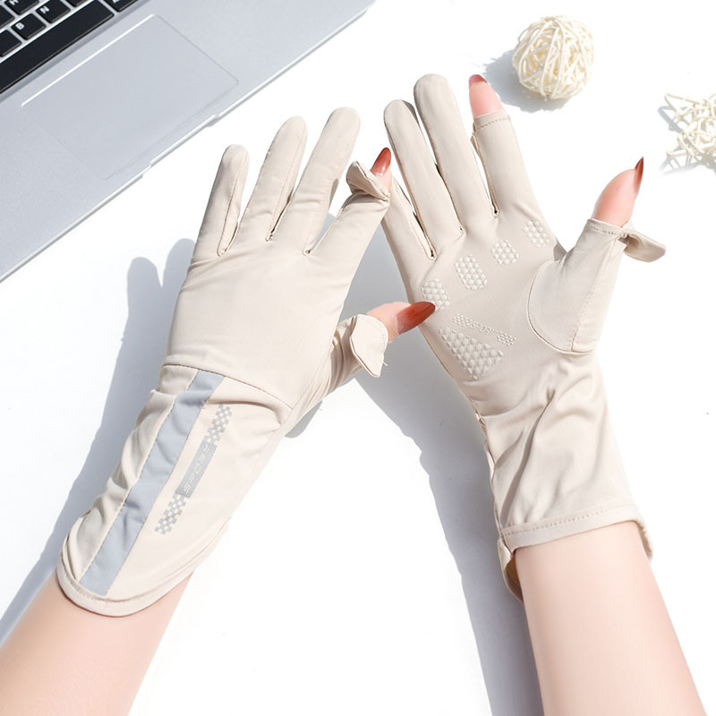 Picture of Summer sun protection gloves women's Thin Ice Silk UV-proof open finger touch screen driving riding non-slip mid-length breathable