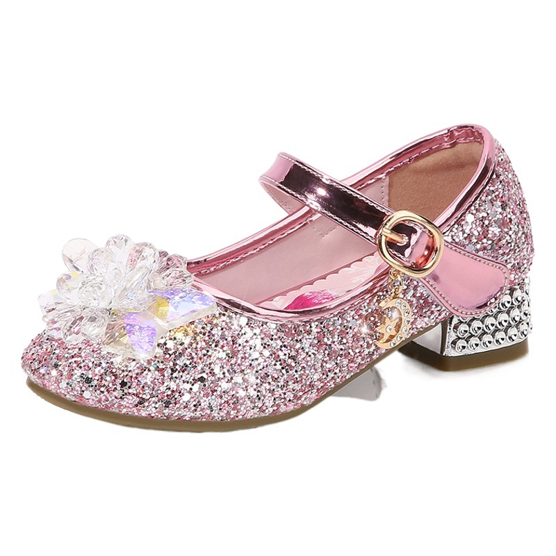 Girls' High Heels 2025 Spring Children's Korean Version Princess Crystal Leather Shoes for Older Children, Little Girls' Low-Top Single Shoes