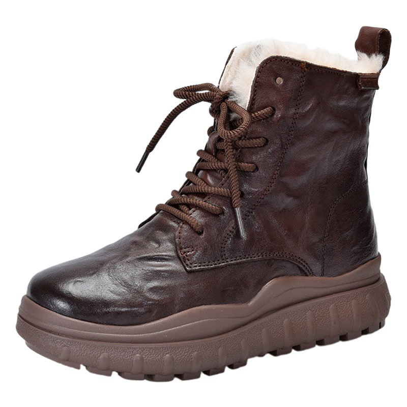 Thick-Soled Wool Boots for Women Winter New Thickeneded Warm Cotton Boots First-Layer Cowhide Retro Color-Rubbed Boots