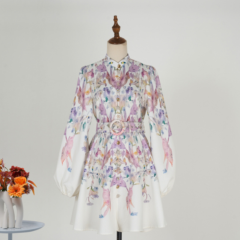 Cross-Border Spot Retro Printing New Stand-Up Collar Long-Sleeved Large Hem Positioning Printed Single-Row Beaded Flower Button Short Dress