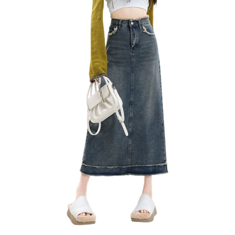 Fashion Design Denim Skirt Women's Ins Style High Waist Niche Retro Slimming Mid-Length Sheath Skirt for Summer