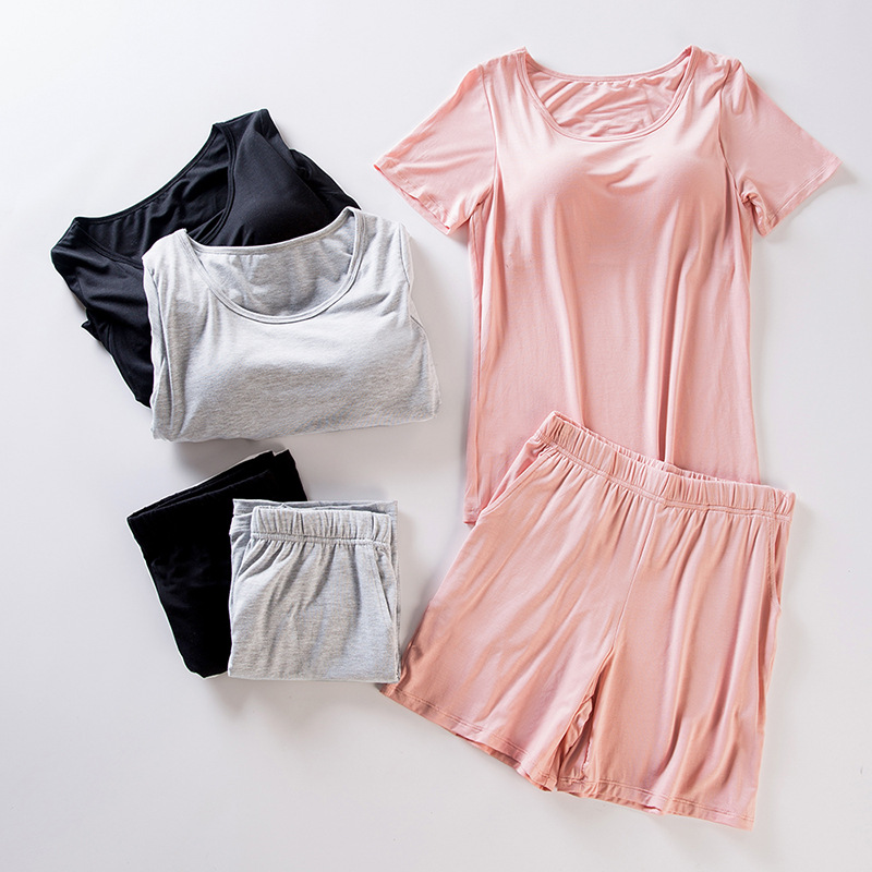 Picture of Modal Women's Padded Short-Sleeved Pajamas Set Bra-T All-In-One Bra-Free Half-Sleeved Loose Shorts Home Clothes
