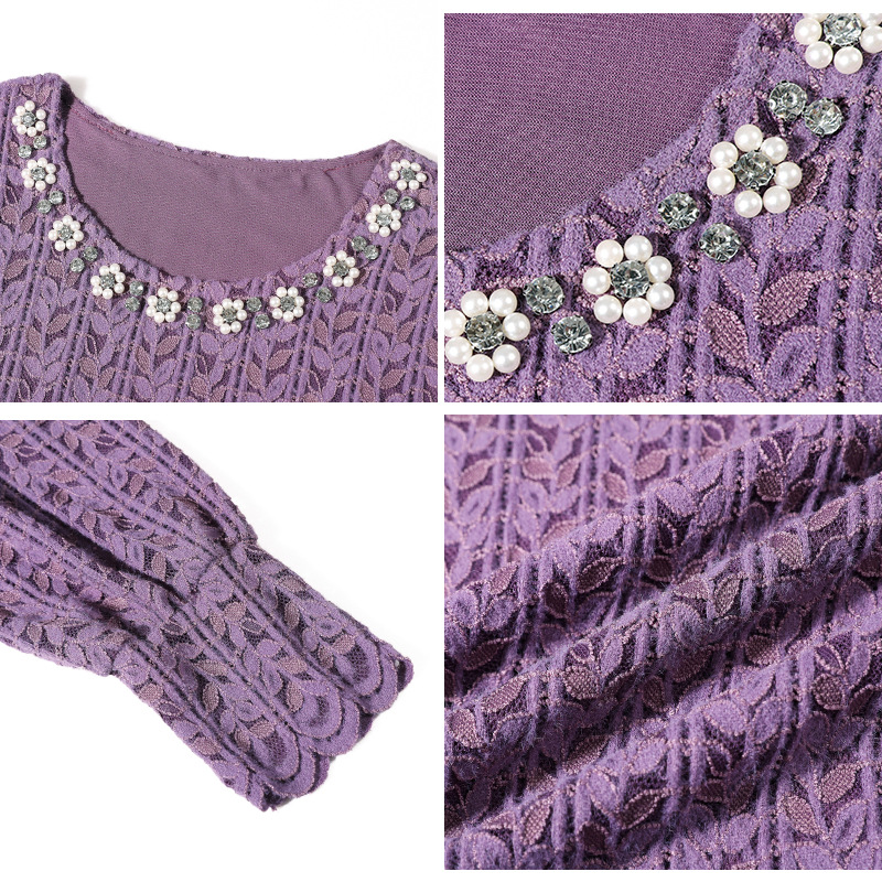 Picture of Plus Size Women's Autum New Fat mm Diamond Lace Shirt, Stylish Round Neck Long-Sleeved Bottoming Top