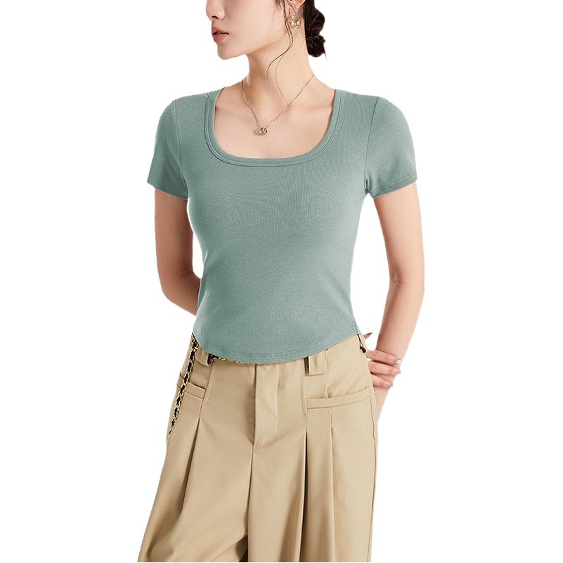 Women's summer cotton short-sleeved top square collar shoulder slimming one-piece wear-free underwear casual T-shirt personalized hem