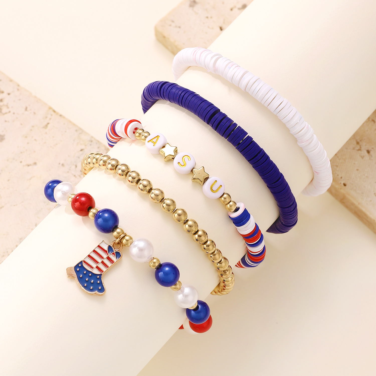 Picture of American Independence Day Bracelet suit Soft Pottery Beaded Letter Bow Love Personalized Fashion Multi-layer Bracelet for Women