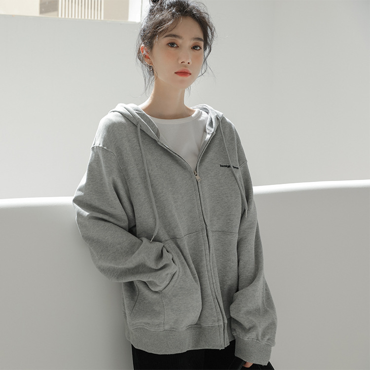 Sweater for women 2023 Spring and Autumn new letter gray hooded cardigan Korean style loose casual coat top