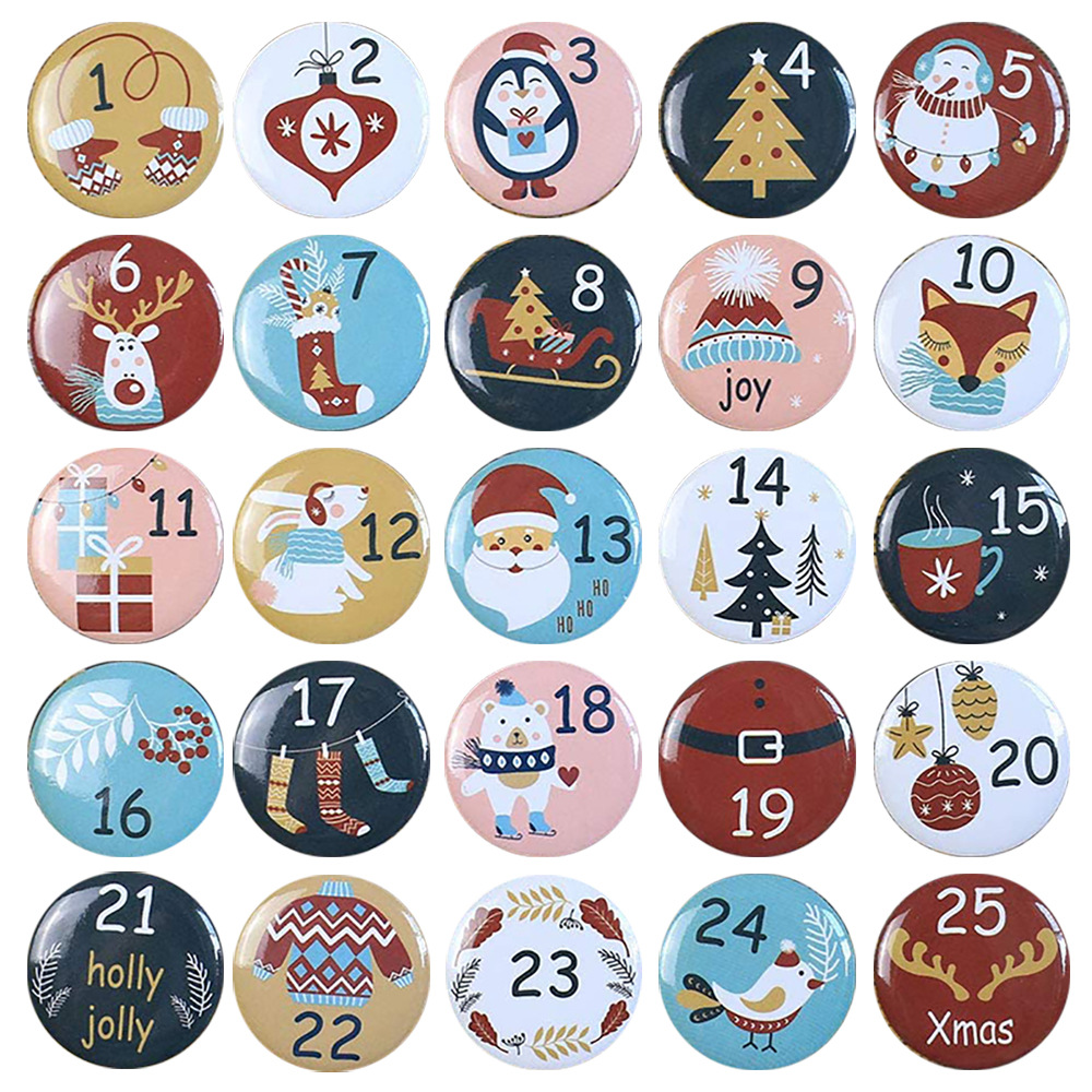 24PCs Christmas Calendar Badge Pin Badge Christmas Coming Digital Tag Set Gift Bag Accessories
