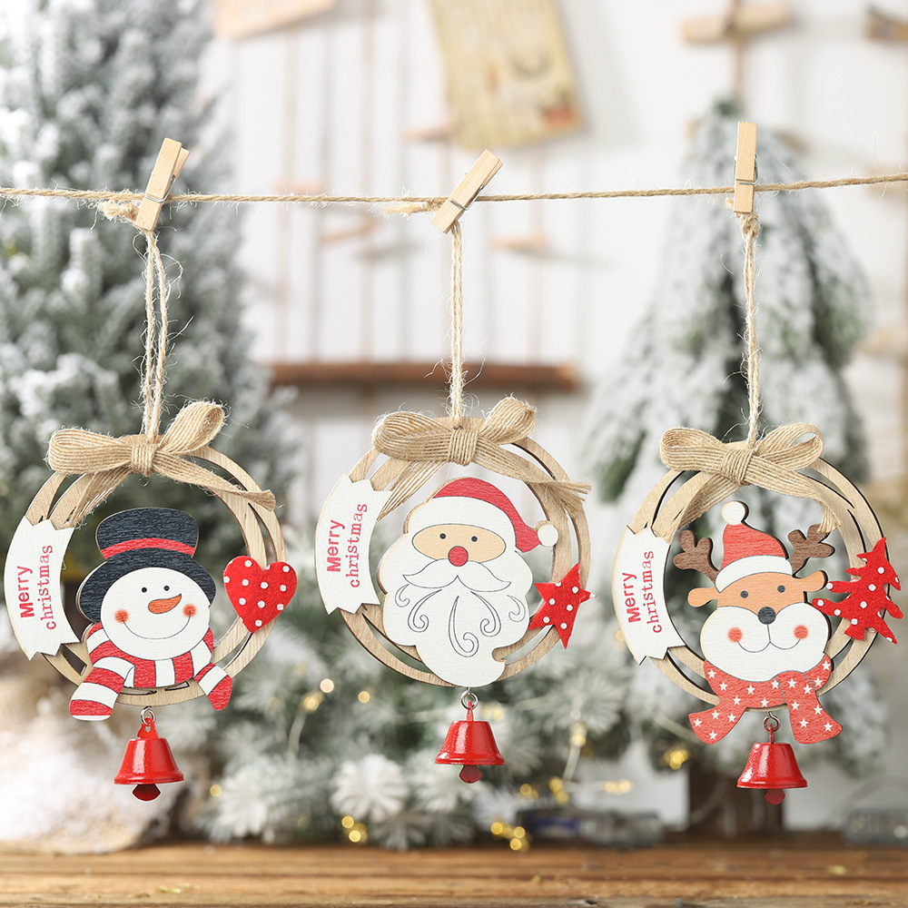 Haobei New Wooden Christmas Wreath Pendant Creative Bow with Bell Wooden Ring Pendant Word Plate Pendant Wholesale