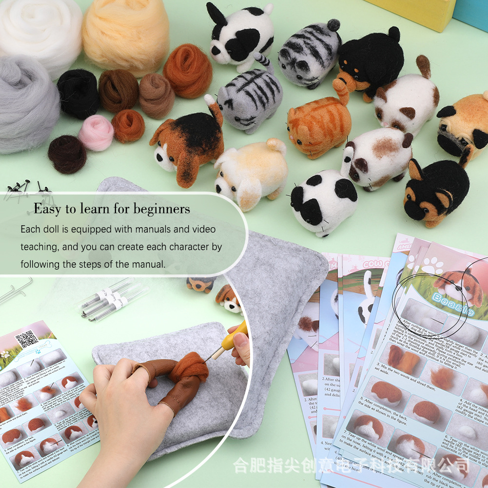 Cross-border wool felt pokes handmade diy material package cat and dog series suit Animal felt English Manual