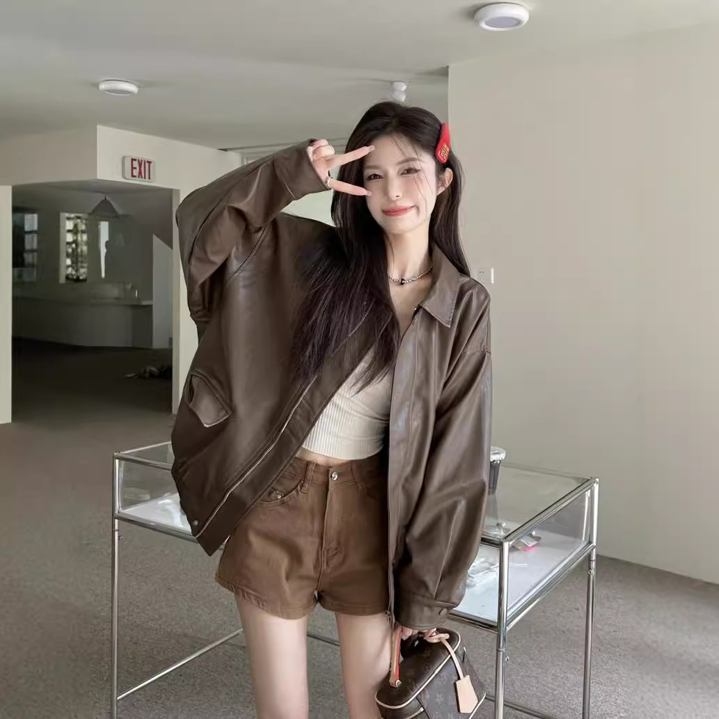 American Style Retro Leather Jacket Coat Women's Spring and Autumn Black Sweet Cool Style Motorcycle PU Leather Loose Slim Fit Long Sleeve Top