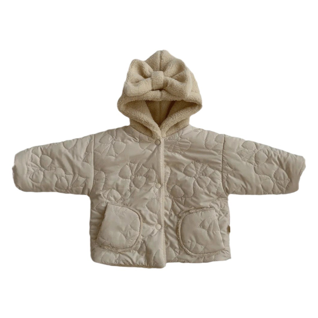 Ins K-Style Autumn and Winter New Baby Girl Thickeneded Hooded Cotton Outwear Girls Lamb Velvet Floral Quilted Jacket