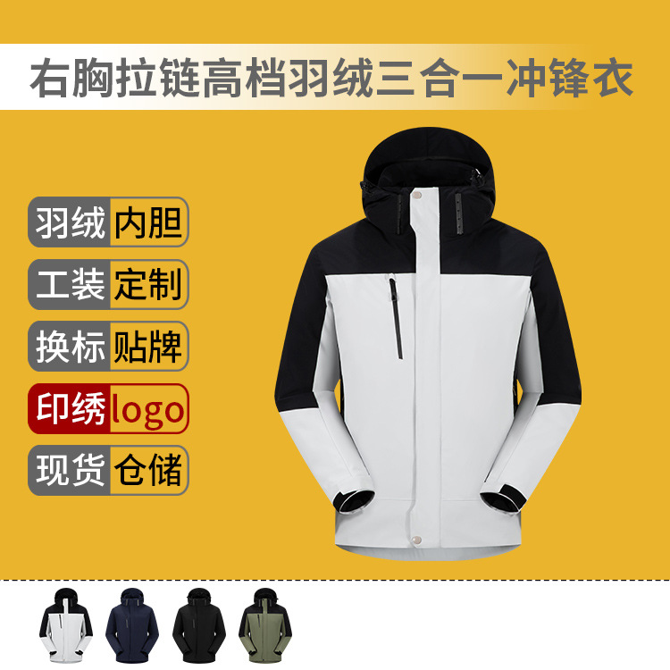 Outdoor team high-grade three-in-one charge custom work clothes windproof waterproof down tooling coat printed embroidery
