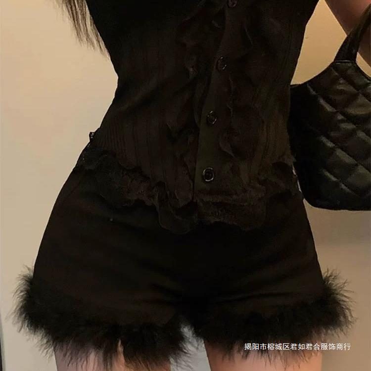French High-end Sense Solid Color Mao Stitching Casual Pants Women's Design Sense Pants Autumn New High Waist Hip Shorts