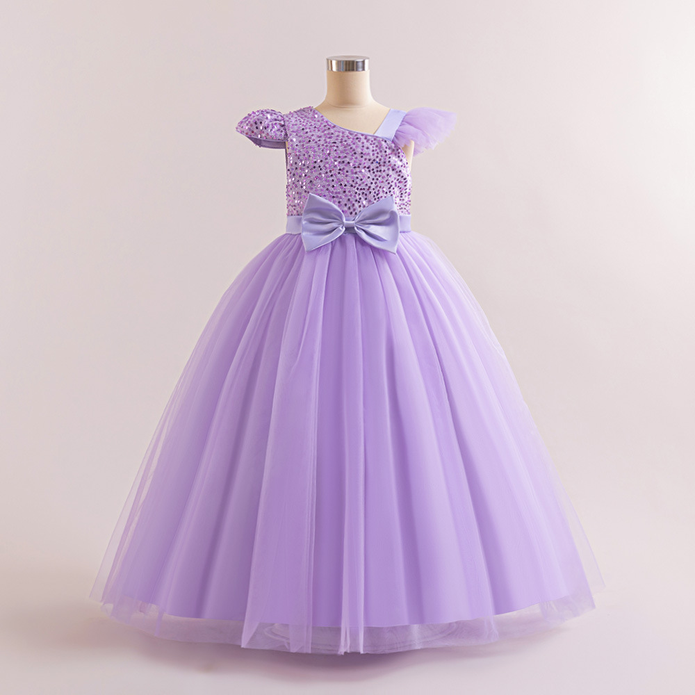 Girls' Dress Mesh Sequin Tully Skirt Raglan Small Flying Sleeve Bow Dinner Dress Dress Flower Girl Princess Dress