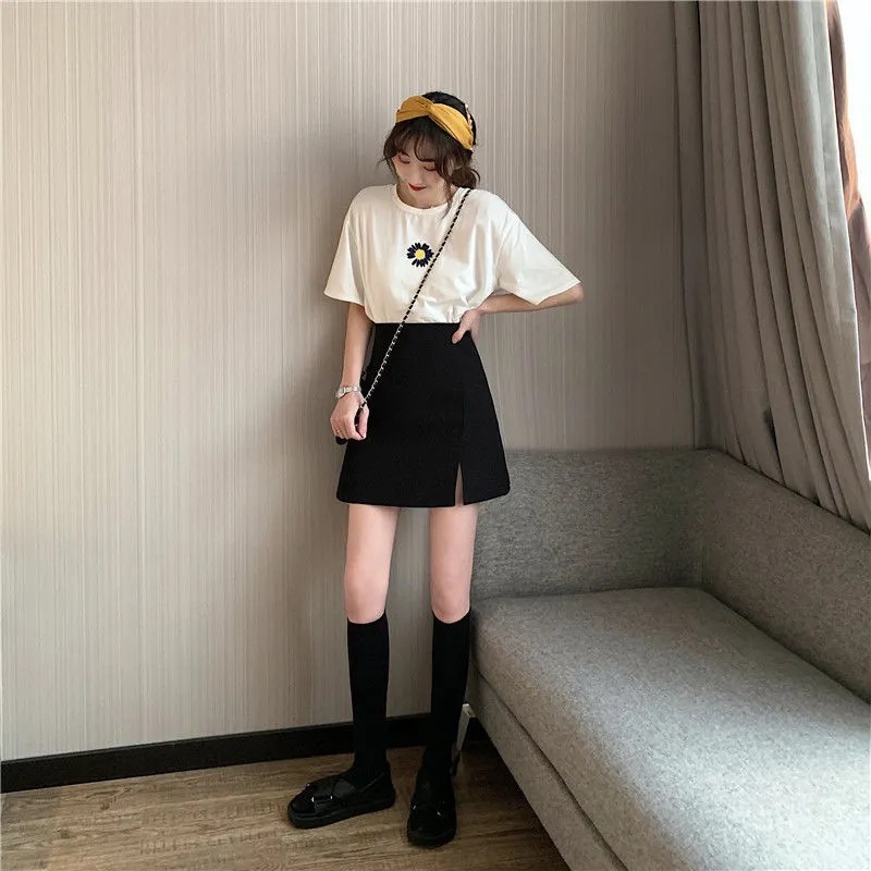 Small Temperament Summer New Mastery m Split Skirt High Waist Anti-light A- line Short Skirt Slimming Commuting Black Skirt