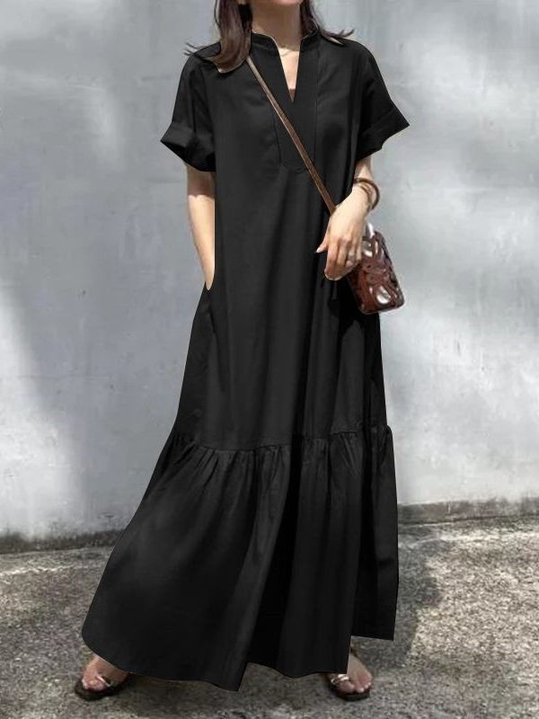 Cross-border 2023 Amazon AliExpress new women's stand collar short sleeve V-neck placket loose fishtail A- line dress
