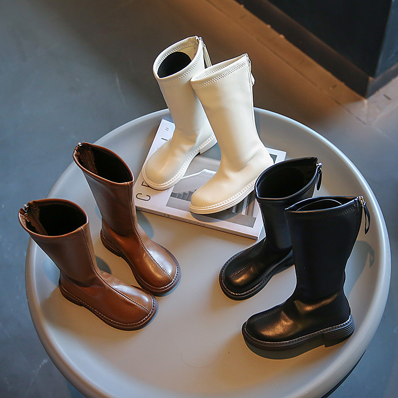 Children's Leather Boots 2024 Spring & Fall New Style Girls Korean Style Casual Knight Boots Little Girls Tall Thin Boots