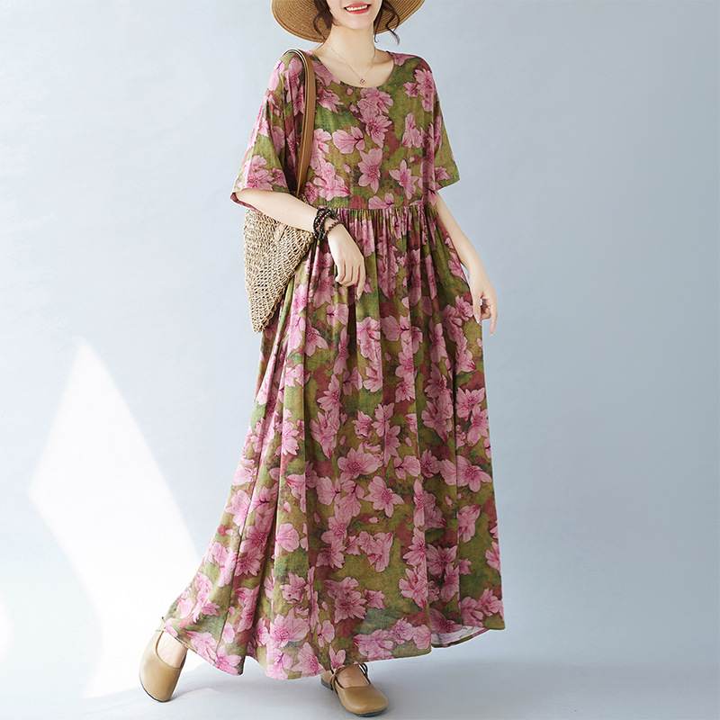 Picture of Simple Fashion Bohemian Dress Summer New Fat Plus Size Short Sleeve Round Neck Printed Dress for Foreign Trade Women