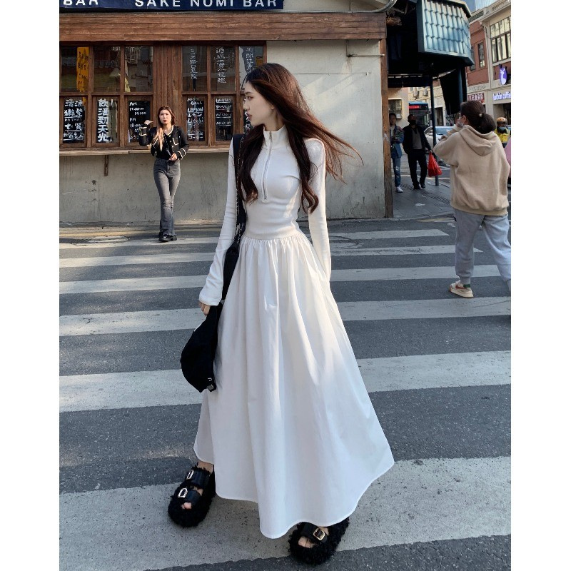 French style black square collar dress women's autumn new design waist-tight temperament long sleeve dress