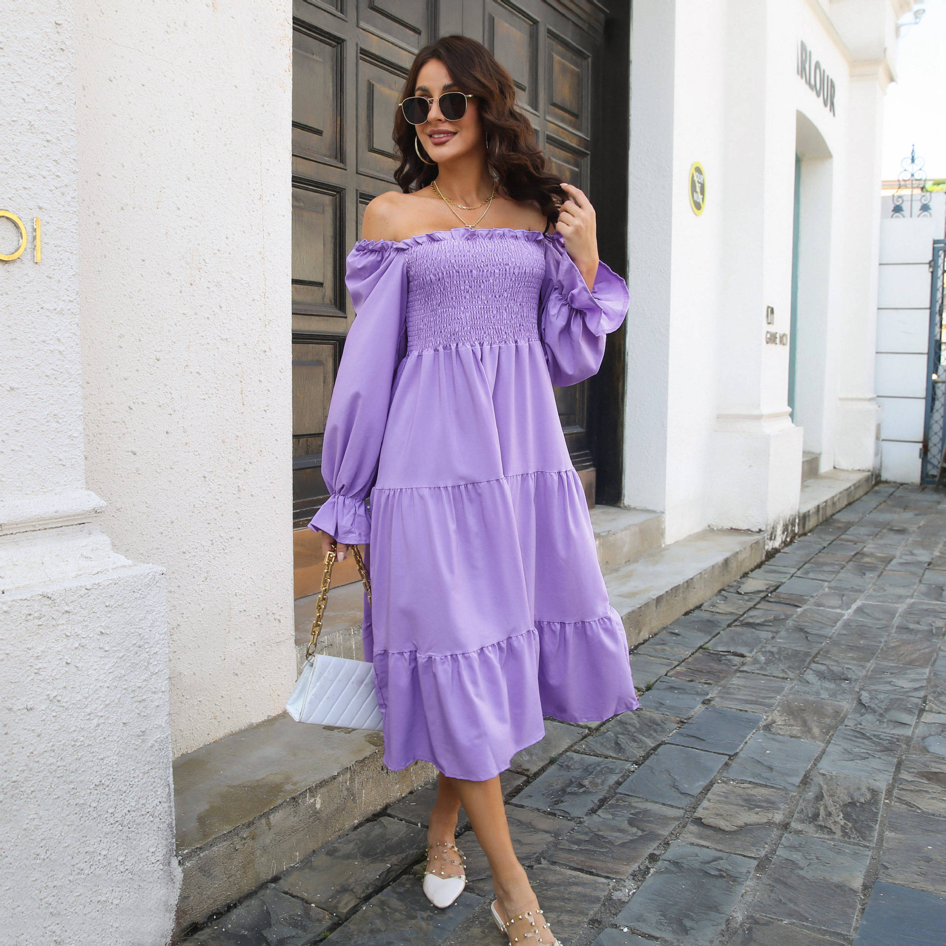 Self-designed cable dress ruffled square collar horn sleeve large swing mid-skirt women's European and American cross-border women's clothing