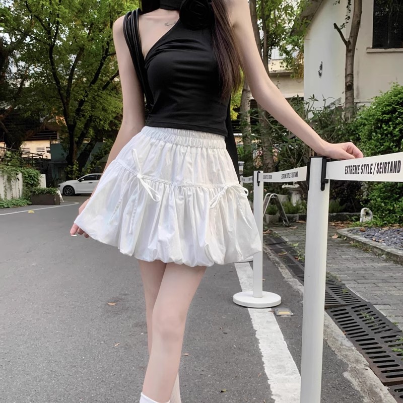 White skirt women's summer high waist A-line short skirt bow design sense puffy skirt flower bud lantern skirt woman