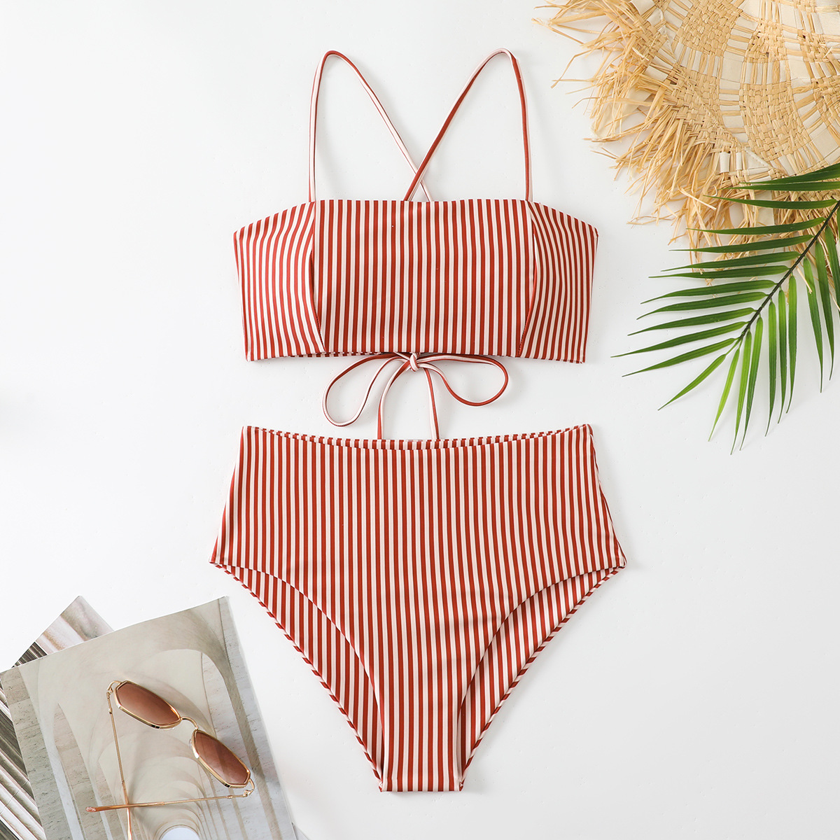 European and American Striped Split Swimsuit Women's 2024 New Huludao Swimsuit Bikini High Waist Sling Swimsuit