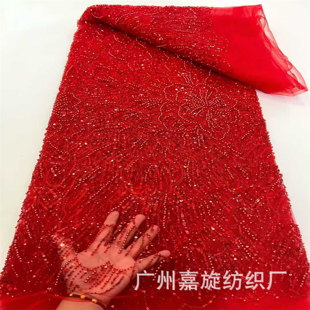 Picture of African large flower beaded tube sequin wedding dress fashion fabric 5yards African beaded lace