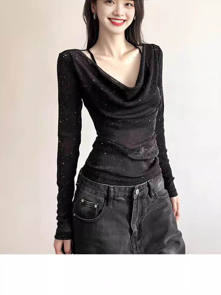 Original Fabric Unique and Chic Sequin Long-sleeved Women's Design Sense Fashion Micro-transparent Slim-fit Slimming Spice Girl Top Trendy