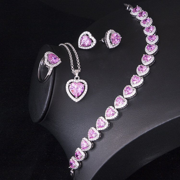 Cross-Border E-Commerce New Pink Heart-Shaped Necklace Earrings Ring Four-Piece Set Love Zircon Jewelry Set Exquisite