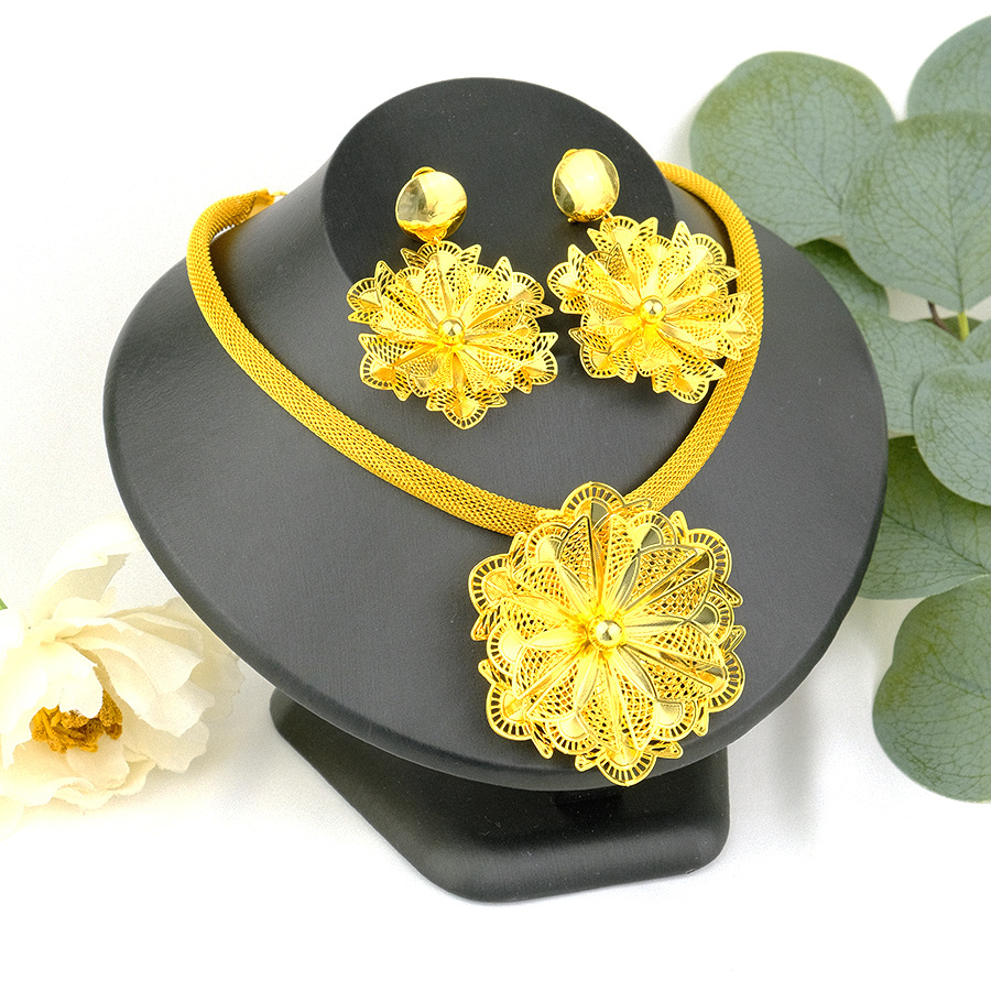 Cross Border Dubai Middle East 24K Gold Jewelry African Bride Jewelry suit Saudi Women Necklace Earrings suit