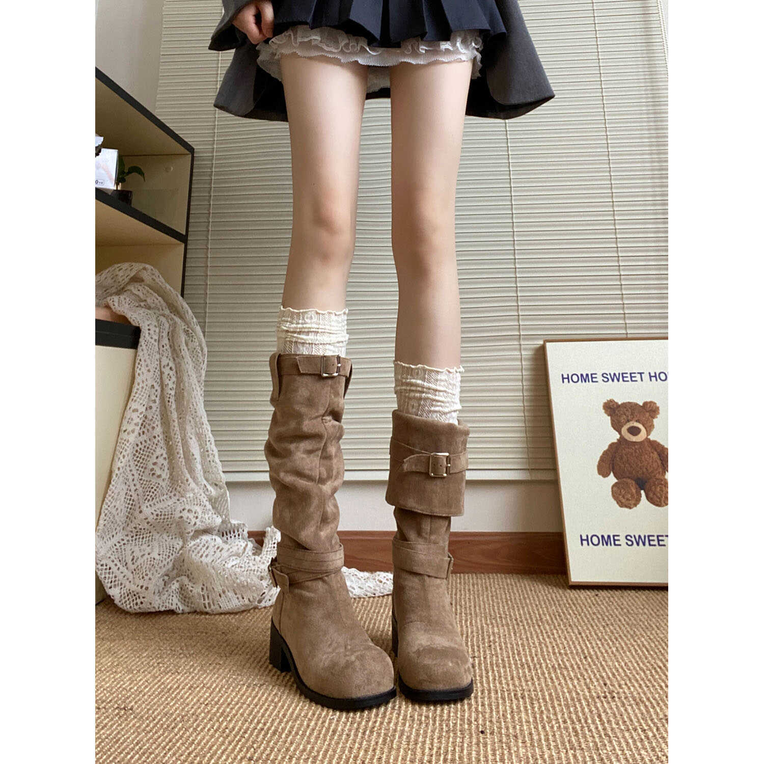 Brown Western Cowboy Pleated Boots Women's Summer 2025 New Thick Heel Boots Showing Foot Little Knight Pile Boots