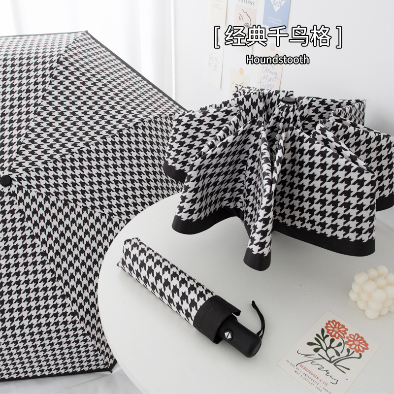 Picture of Wholesale Fully Automatic 70% off Sunny Umbrella Houndstooth Plaid Foldableing Umbrella Vinyl Anti-Uv Sun Protection Sunshade Umbrella