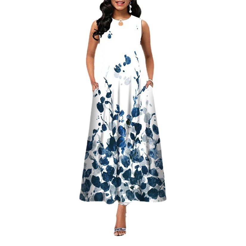 Wish European and American V Neck Amazon Independent Station Printed Sleeveless Long Dress Casual Beach Skirt Large Swing Skirt Versatile