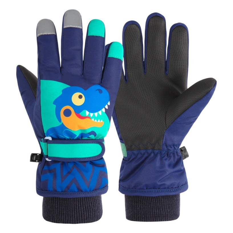 Children's Winter Ski Gloves Windproof and Warm Velvet Thickened Non-Slip Waterproof Small Dinosaur Gloves for Riding