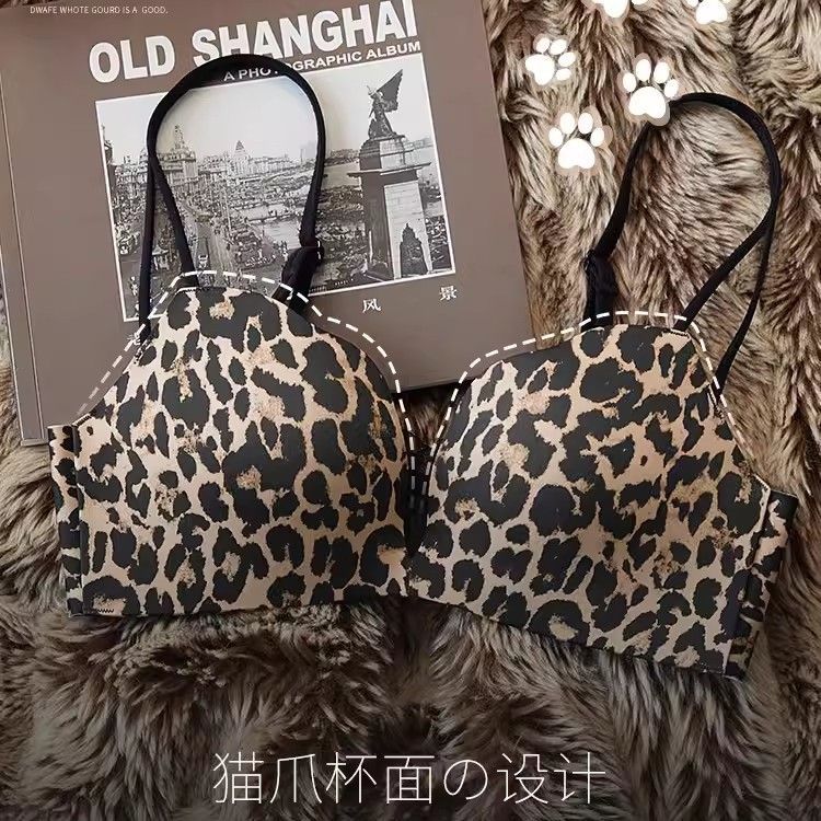 Picture of Underwire Leopard Print Bra and Panty Set for Women, Small Bra, Seamless, Thickened, Push-Up, Enhancing, Anti-Sagging Bra