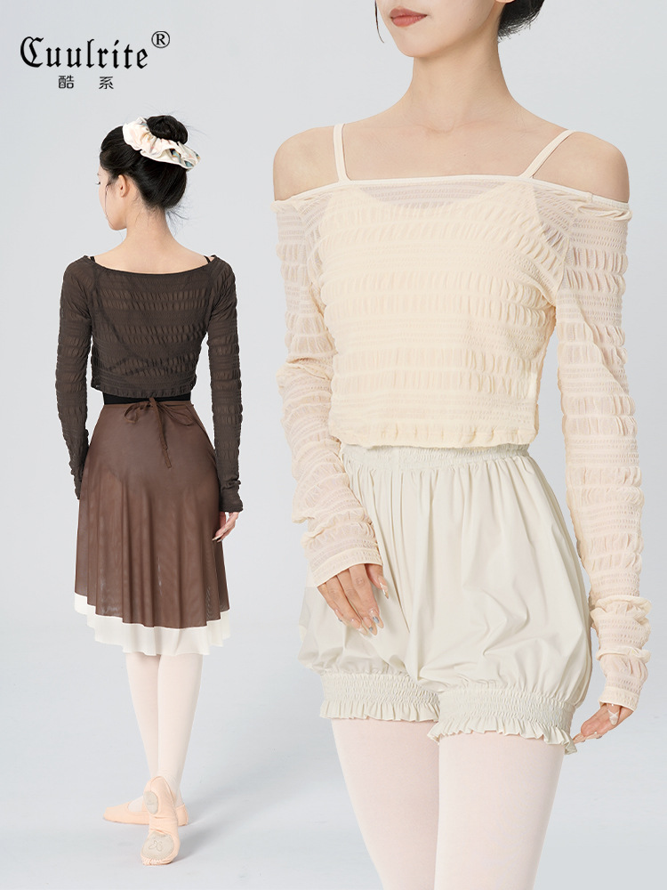 Picture of Ballet Practice Tops for Women, Adult Pile-Up Sleeves, Two-Wear Dance Clothes, Summer Short Teacher Training Body Suits