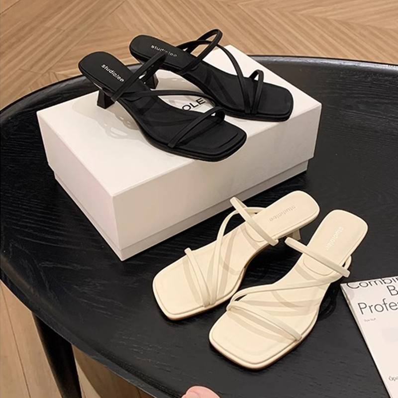 Grape Mom's Same Style Island Evening Breeze ~ French Fairy Style Thin Strap Square Toe High Heel Sandals Genuine Leather Women's Summer
