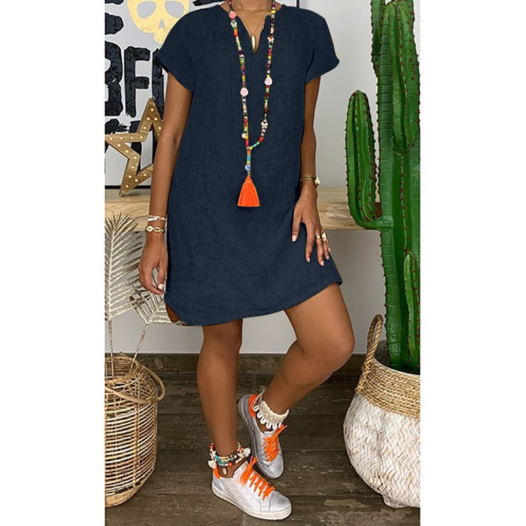 Picture of 2023 New Amazon WISH Hot Spring Summer Loose Skirt Short Sleeve V-Neck Solid Color Woven dress