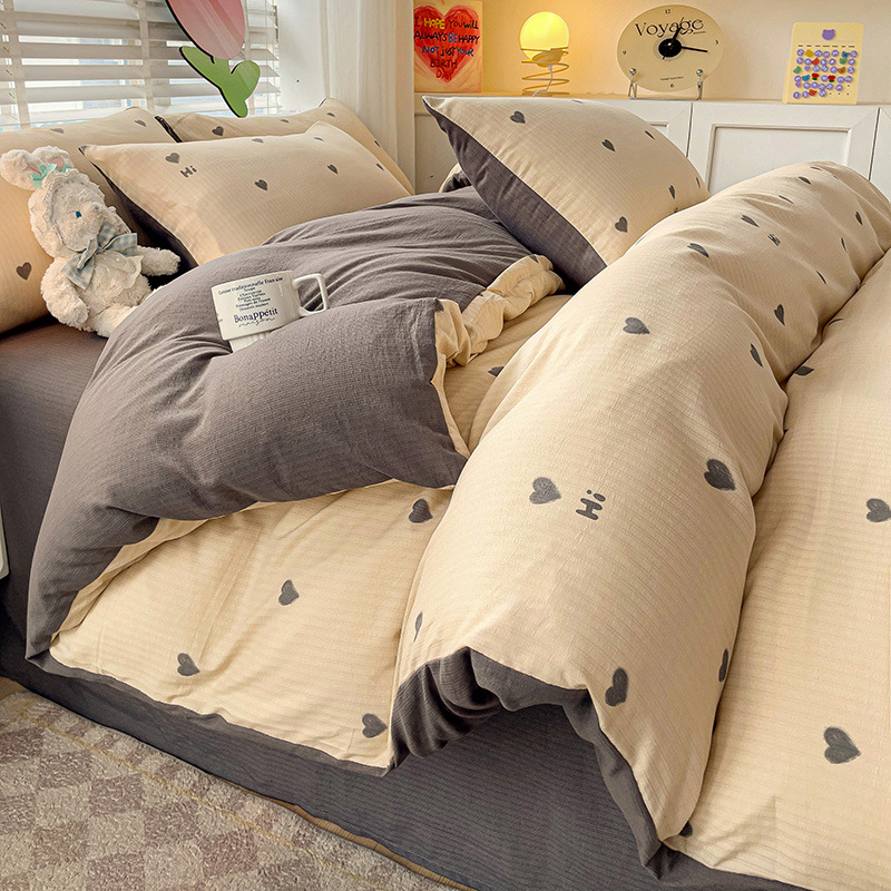 Picture of Class A Maternal and Infant Grade Fresh Small Zhu Cotton Four-piece Set Washed Cotton Bed Sheet Quilt Cover Three-piece Set for Student Dormitory