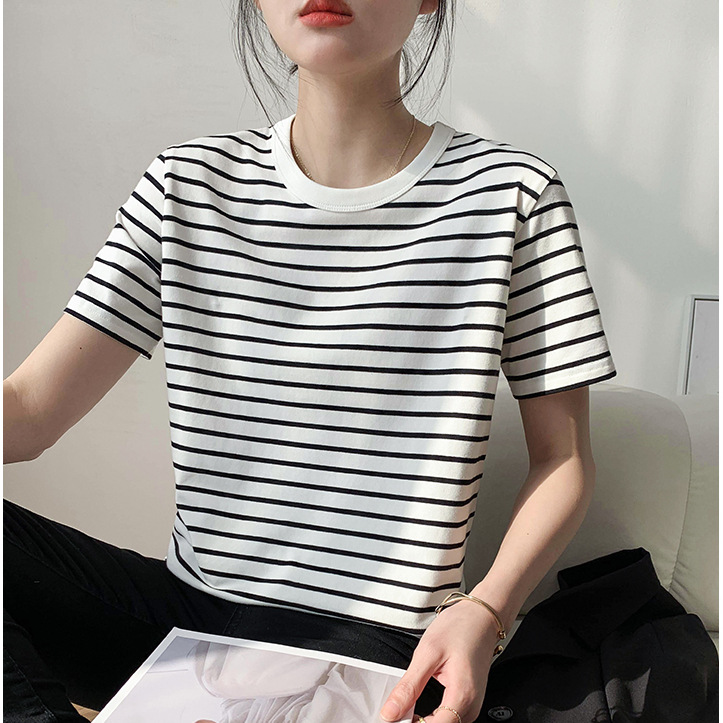 Wind Black and White Striped T-shirt Women's Short-sleeved 2023 Summer New Fashionable Korean Style Loose T-shirt Round Neck Base Shirt Top