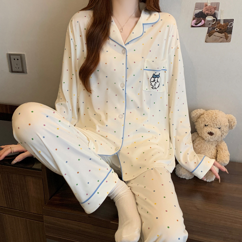 Picture of New Ins Pajamas for Women Simple Stripesd Internet Celebrity Long-Sleeved Cardigan Girl Korean Version Thin Home Wear Set Wholesale