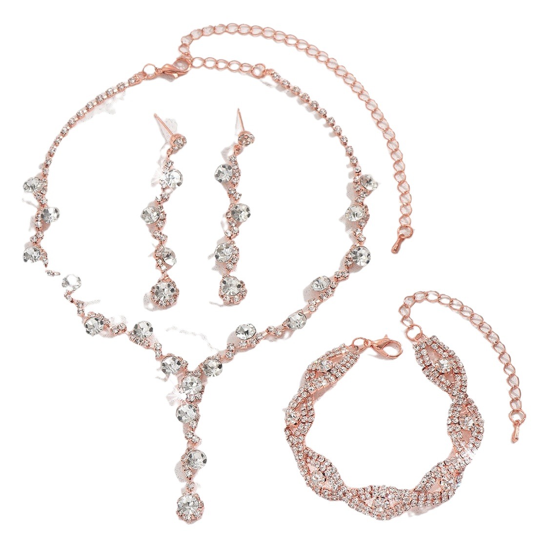 Fashion Diamond Wedding Jewelry Set Necklace Earrings Bracelet Elastic Ring Five-piece Set
